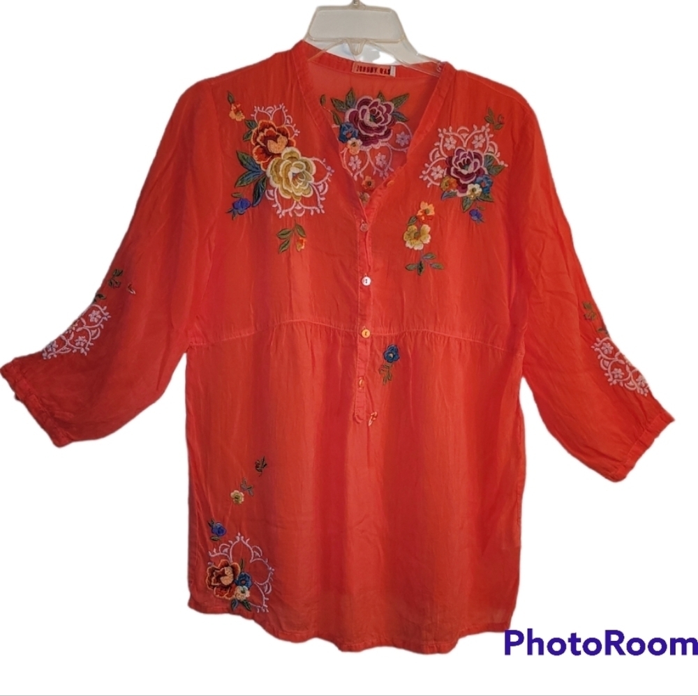 Johnny Was* Embroidered Boho Blouse* Floral* Coral* Sz XS